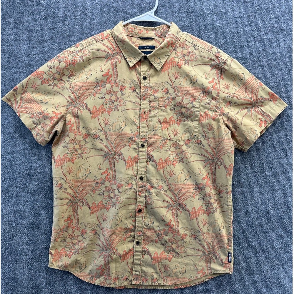 Prana Mens Slim Fit Short Sleeve Button Down Shirt Tan Palm Tree Print Large